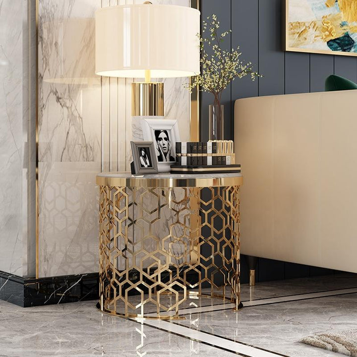 THALINA Glam Pandora Marble and Gold Side Table