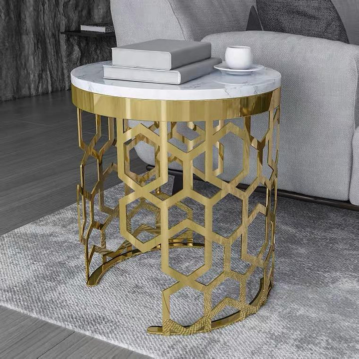 THALINA Glam Pandora Marble and Gold Side Table